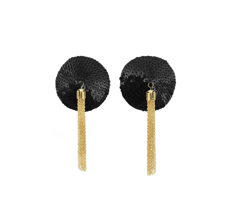 Women's Lingerie with Matching Robes Love in Leather Burlesque Series Black Round Sequin Reusable Nipple Pasties with Gold Chain Tassels Women's Lingerie with Matching Robes Love in Leather Burlesque Series Black Round Sequin Reusable Nipple Pasties with Gold Chain Tassels