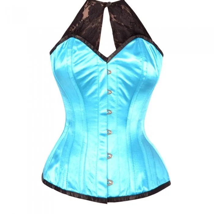 Breathable corsets for all - day wearKeziaah Turquoise Satin Corset with Lace Halterneck Breathable corsets for all - day wearKeziaah Turquoise Satin Corset with Lace Halterneck