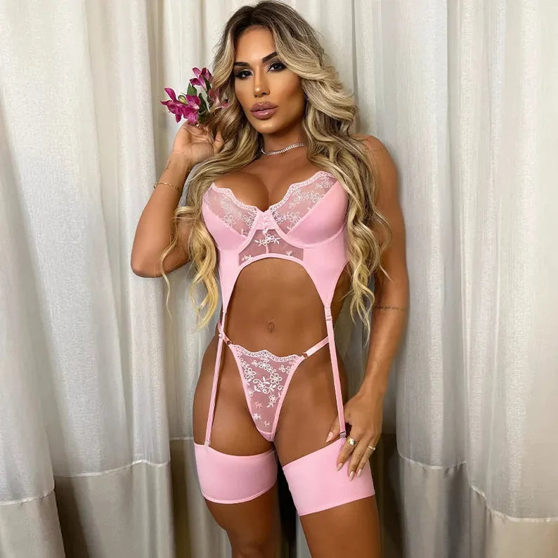 Women's Shapewear Lingerie Sets Erotic Lingerie Pink Sheer Lace 3 Pieces