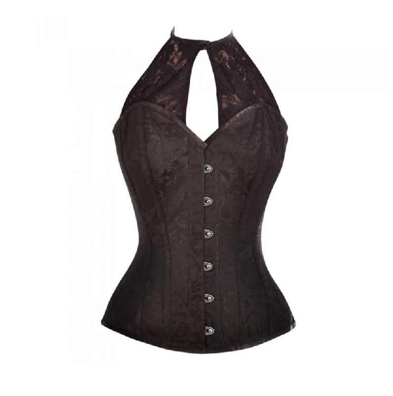 Cotton - blend bustiers for breathabilityShaun Black Brocade Corset With Lace Halterneck Cotton - blend bustiers for breathabilityShaun Black Brocade Corset With Lace Halterneck