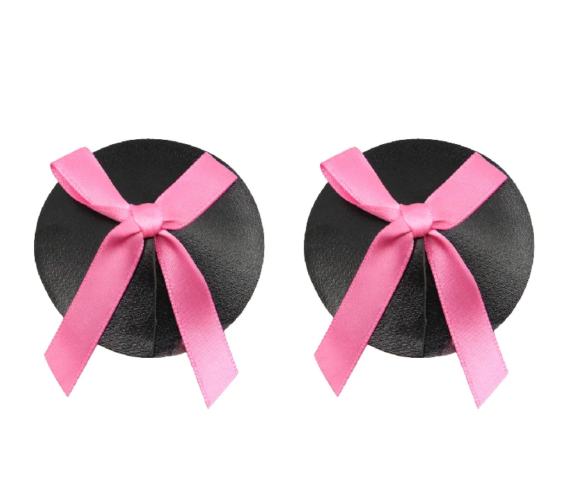 Women's Satin Sleepwear Lingerie Love in Leather Burlesque Series Black Faux Leather Look Reusable Round Nipple Pasties with Pink Bows Women's Satin Sleepwear Lingerie Love in Leather Burlesque Series Black Faux Leather Look Reusable Round Nipple Pasties with Pink Bows