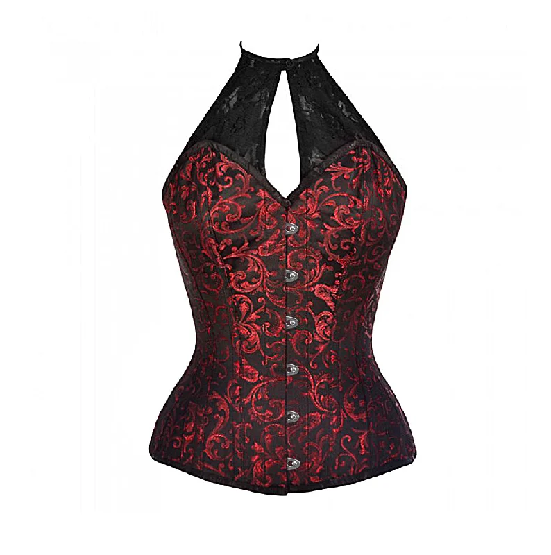 Velvet bustiers for a soft and plush feelTino Red Brocade Corset With Lace Halterneck Velvet bustiers for a soft and plush feelTino Red Brocade Corset With Lace Halterneck