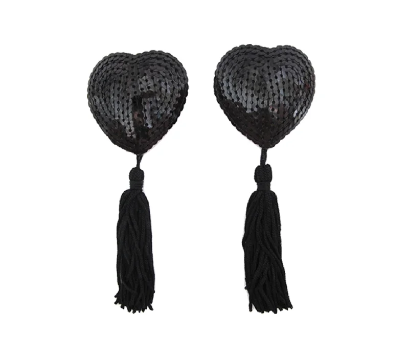 Women's Corset Style Lingerie Love in Leather Burlesque Series Black Heart Shaped Reusable Nipple Pasties with Black Tassels Women's Corset Style Lingerie Love in Leather Burlesque Series Black Heart Shaped Reusable Nipple Pasties with Black Tassels