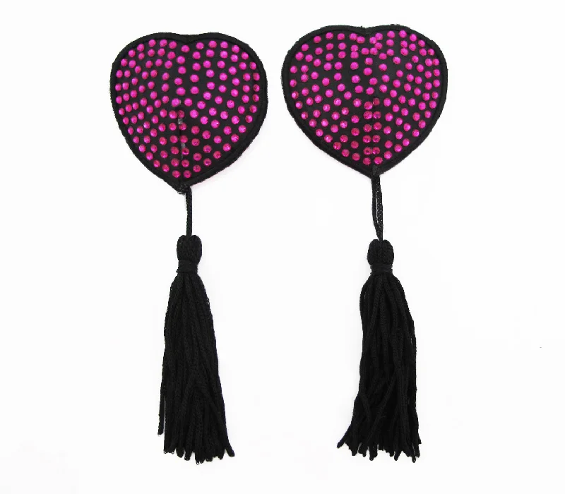 Women's Lingerie with Matching Robes Love in Leather Burlesque Series Diamante Heart Shaped Reusable Nipple Pasties with Tassels Women's Lingerie with Matching Robes Love in Leather Burlesque Series Diamante Heart Shaped Reusable Nipple Pasties with Tassels