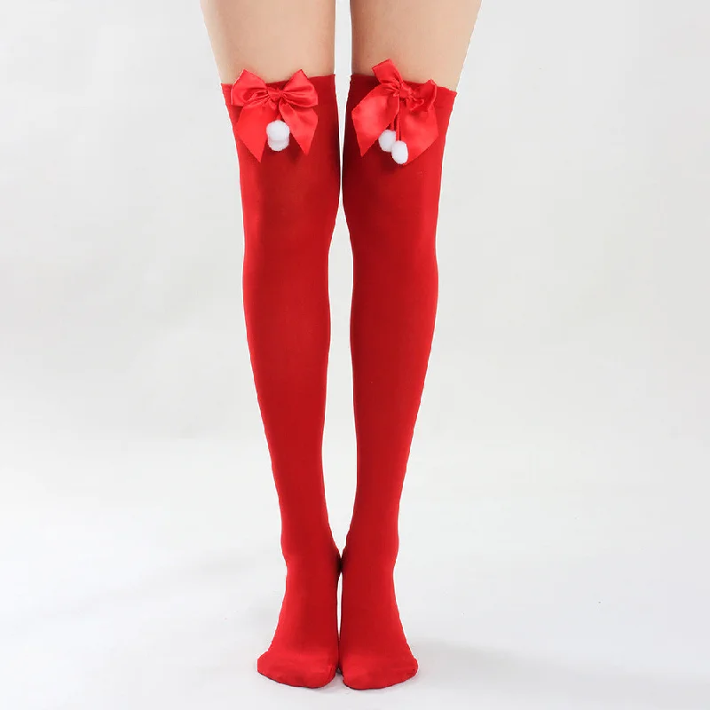 Women's Tights for Evening WearRed Opaque Thigh High Stocking with Bowknot for Christmas Women's Tights for Evening WearRed Opaque Thigh High Stocking with Bowknot for Christmas