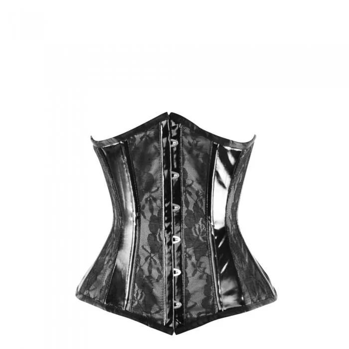 Satin corsets with a shiny and elegant finishSpears Black Satin Underbust With Lace Overlay And PVC Trim Satin corsets with a shiny and elegant finishSpears Black Satin Underbust With Lace Overlay And PVC Trim