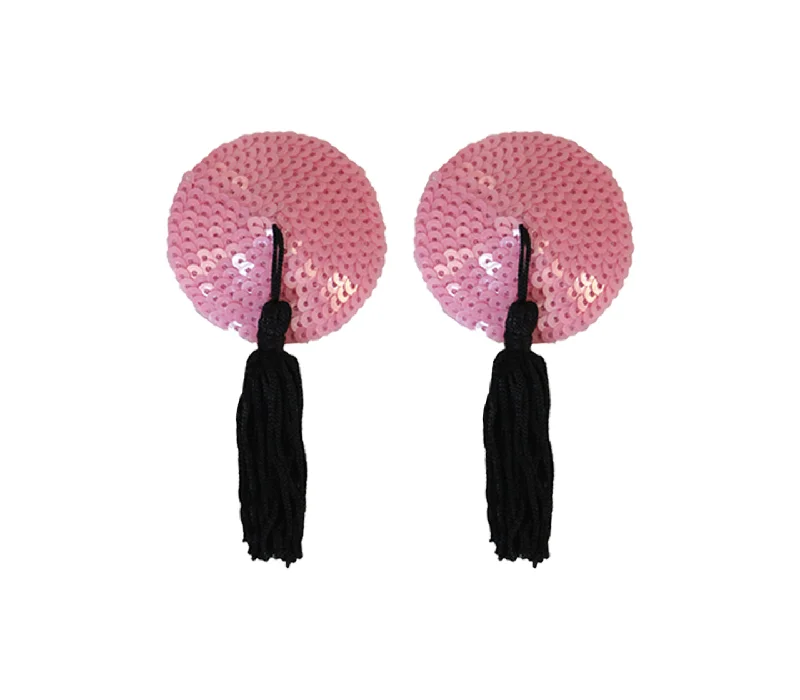 Women's Thermal Lingerie for Cold Weather Love in Leather Burlesque Series Baby Pink Round Sequin Reusable Nipple Pasties with Black Tassels Women's Thermal Lingerie for Cold Weather Love in Leather Burlesque Series Baby Pink Round Sequin Reusable Nipple Pasties with Black Tassels