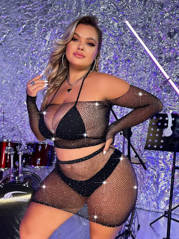 Women's Silk Lingerie Sets PlusSize  Rhinestone Fishnet Set