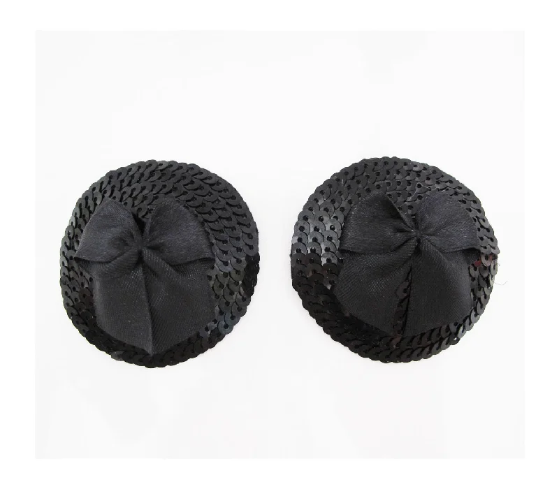 Plus Size Lace Lingerie for Women Love in Leather Burlesque Series Round Sequin Nipple Pasties with Satin Bow Black Plus Size Lace Lingerie for Women Love in Leather Burlesque Series Round Sequin Nipple Pasties with Satin Bow Black