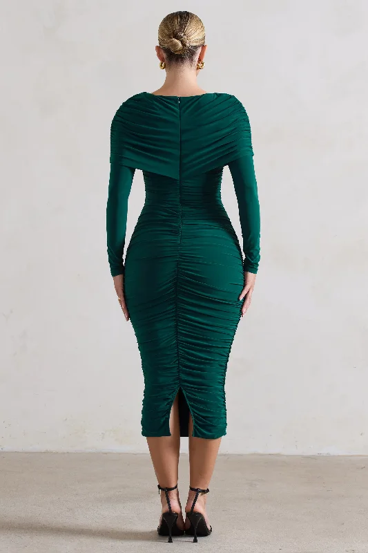 Lea | Bottle Green Long Sleeve Ruched Midi Dress with Draped Bardot Overlay