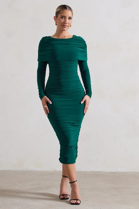 Lea | Bottle Green Long Sleeve Ruched Midi Dress with Draped Bardot Overlay