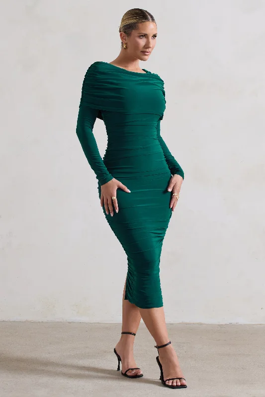 Lea | Bottle Green Long Sleeve Ruched Midi Dress with Draped Bardot Overlay