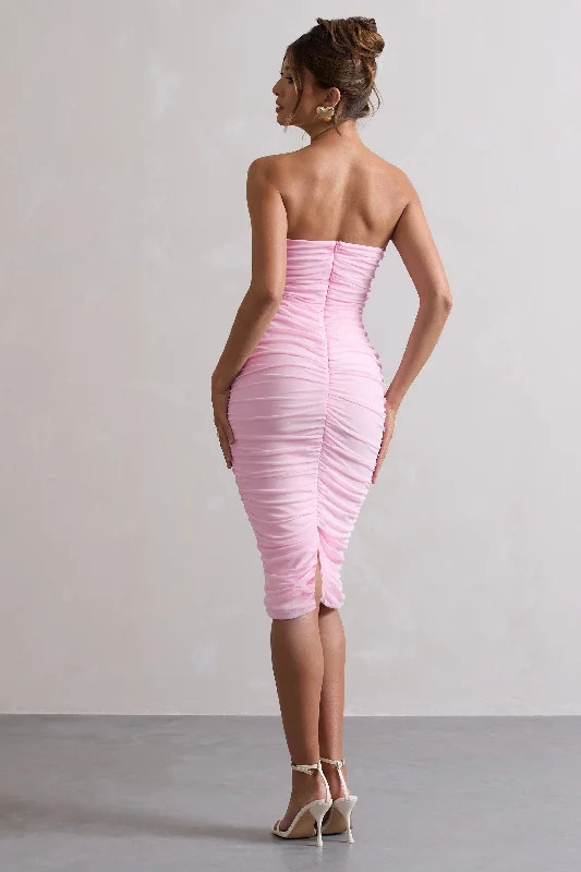 My Girl | Pink Strapless Bodycon Ruched Mesh Midi Dress