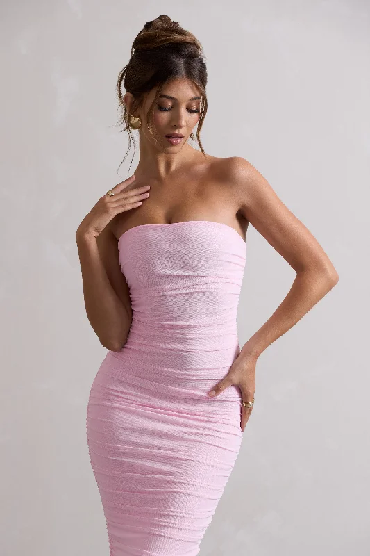 My Girl | Pink Strapless Bodycon Ruched Mesh Midi Dress