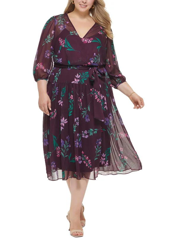 Plus Womens Chiffon Floral Fit & Flare Dress