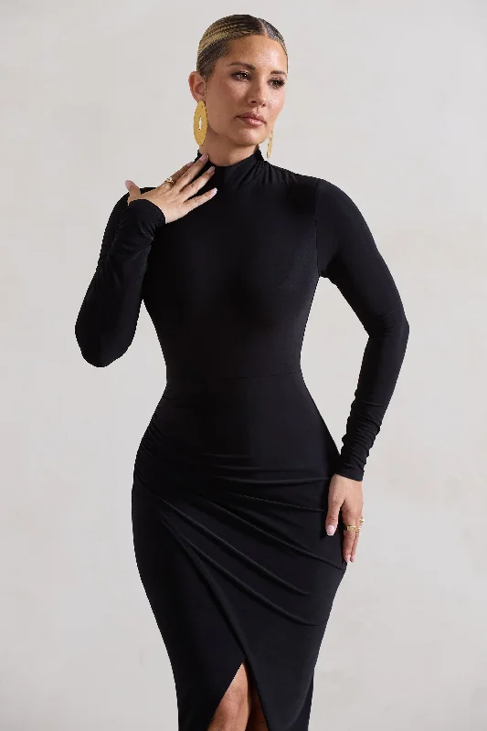 Soha | Black High-Neck Wrap Midi Dress