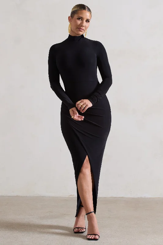 Soha | Black High-Neck Wrap Midi Dress