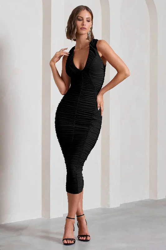 Tempting Fate | Black Ruched Bodycon V-Neck Midi Dress