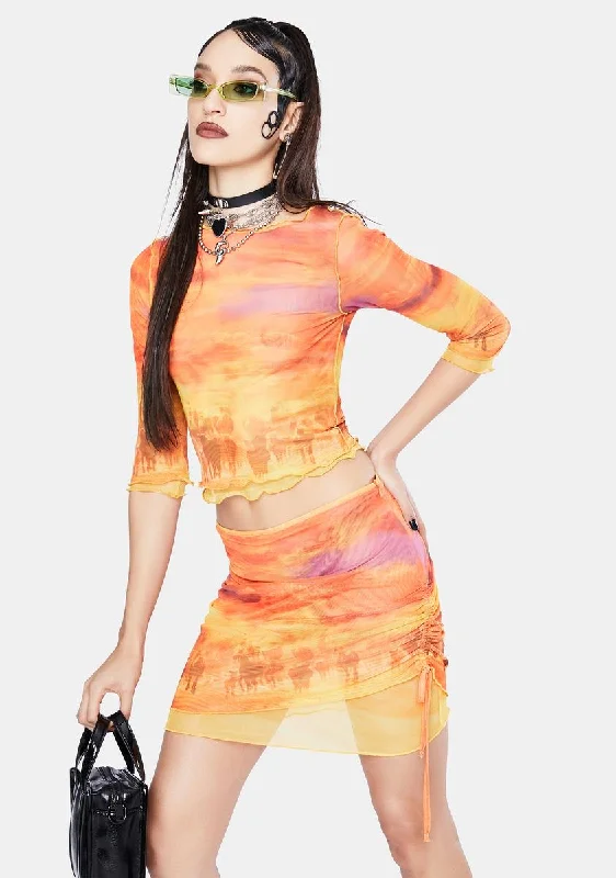 Horse Landscape Print Layered Mesh Skirt