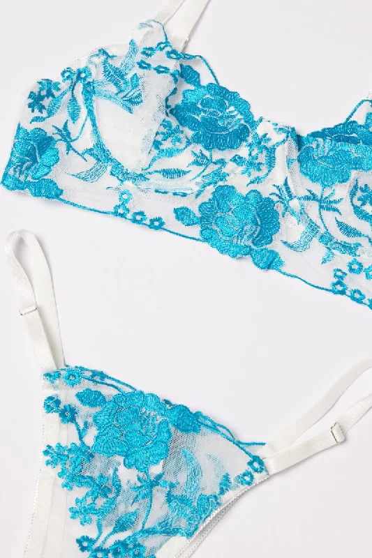 Blue Floral Embroidery Lingerie Set