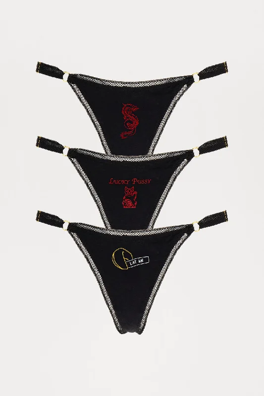 Lucky Dragon 3 Pack G String Panties - Black