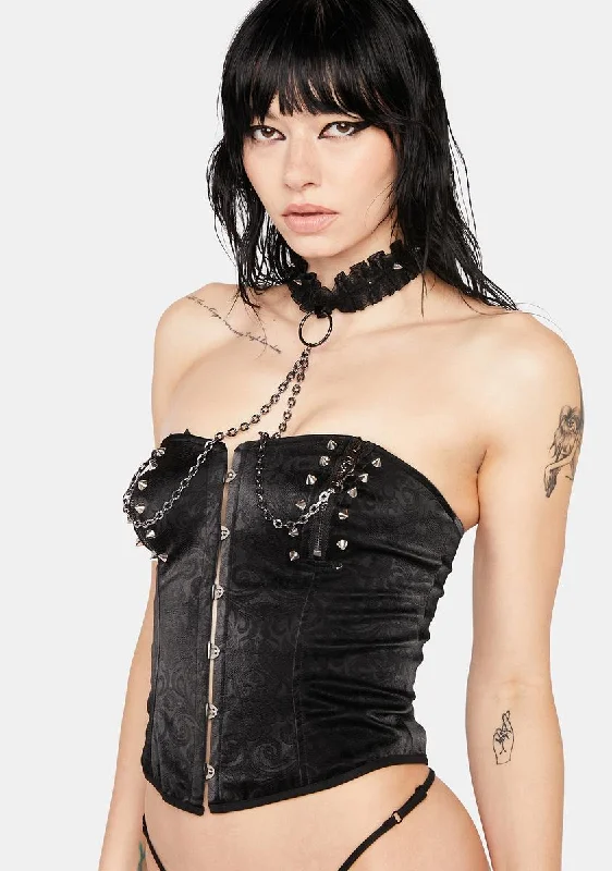 Studded Corset With Attached Chain Choker & G-String Set