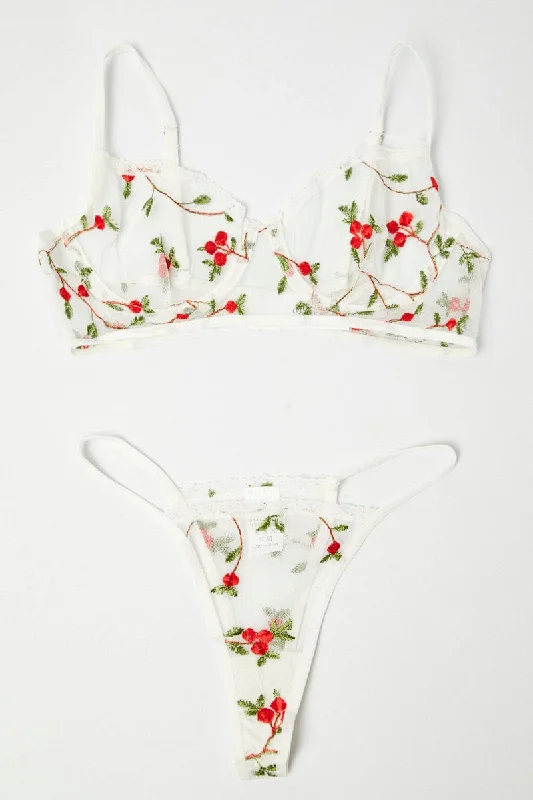 White Floral Embroidery Lingerie Set