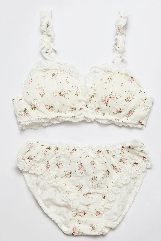 White Floral Print Lingerie Set