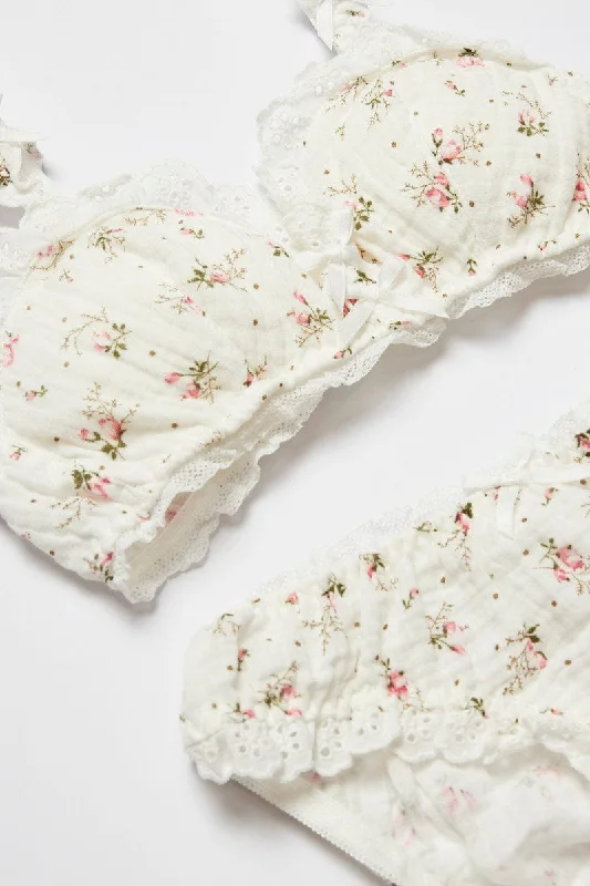 White Floral Print Lingerie Set