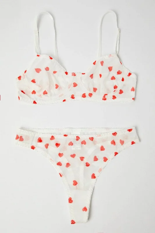 White Heart Print Mesh Lingerie Set