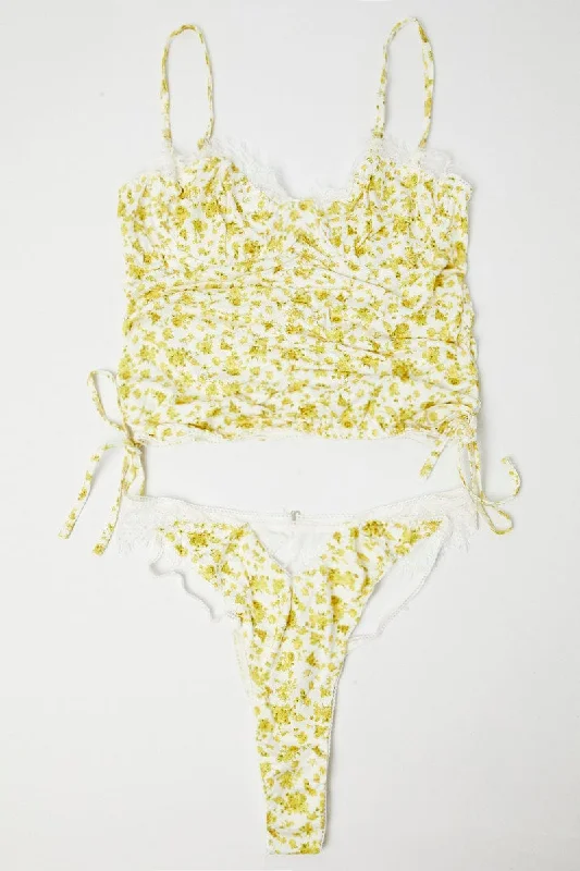 Yellow Floral Floral Print Lingerie Set