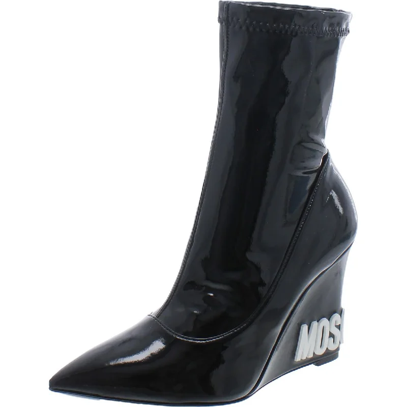 Womens Patent Pointed Toe Wedge Boots