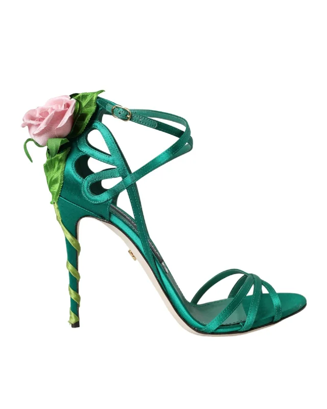 Dolce & Gabbana Floral Embellished Satin Sandals with Ankle Straps