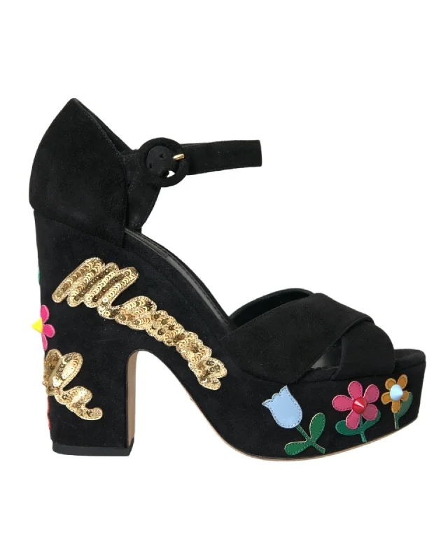 Dolce & Gabbana Suede Floral Ankle Strap Heels Sandals