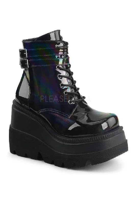 SHAKER-52 Demonia Wedge | Black Faux Leather