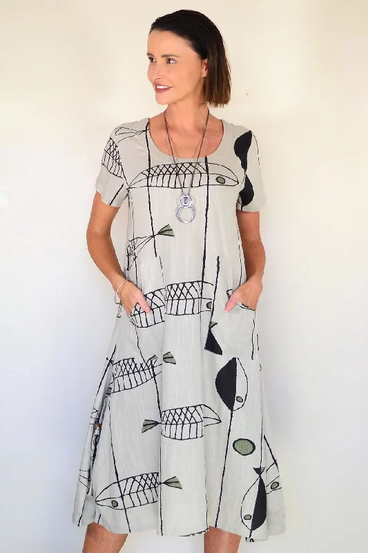 Beige Linen Cotton Print Tunic Dress