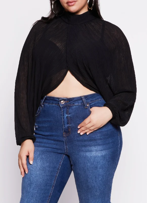 Plus Size Chiffon Mock Neck Long Sleeve Crop Top