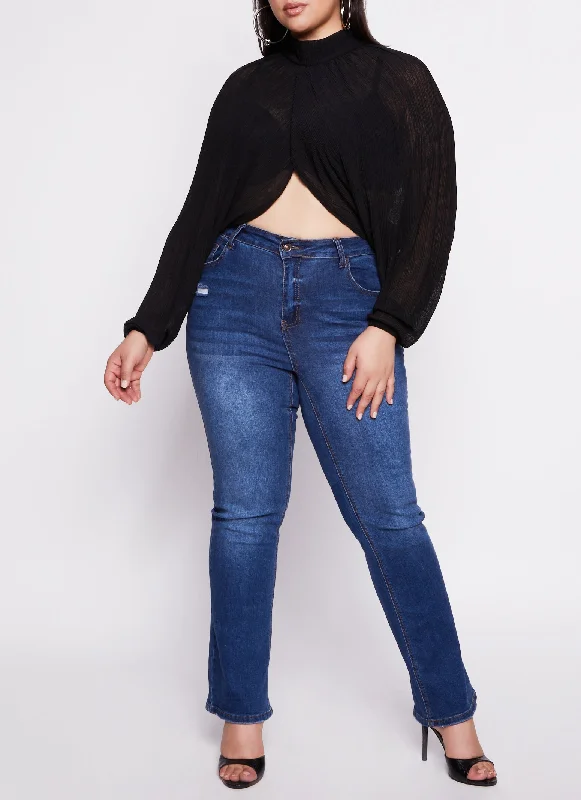 Plus Size Chiffon Mock Neck Long Sleeve Crop Top