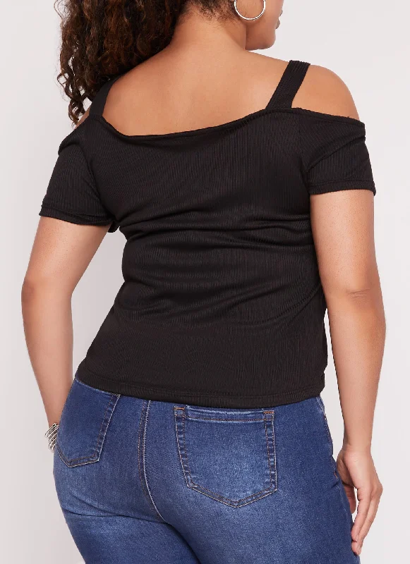 Plus Size Ribbed Knit Ruched Cold Shoulder Top