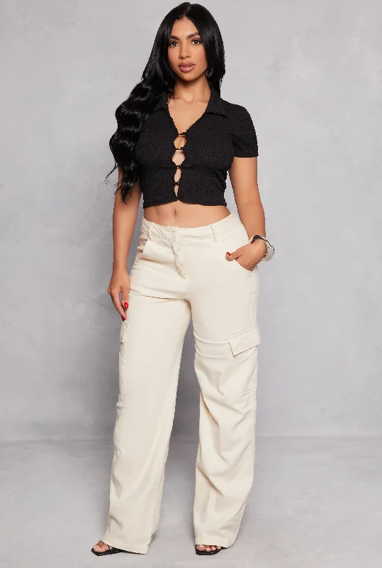 Textured Knit Plunge Button Front Crop Top