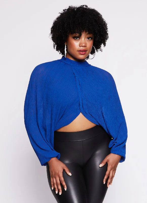 Plus Size Chiffon Mock Neck Long Sleeve Crop Top