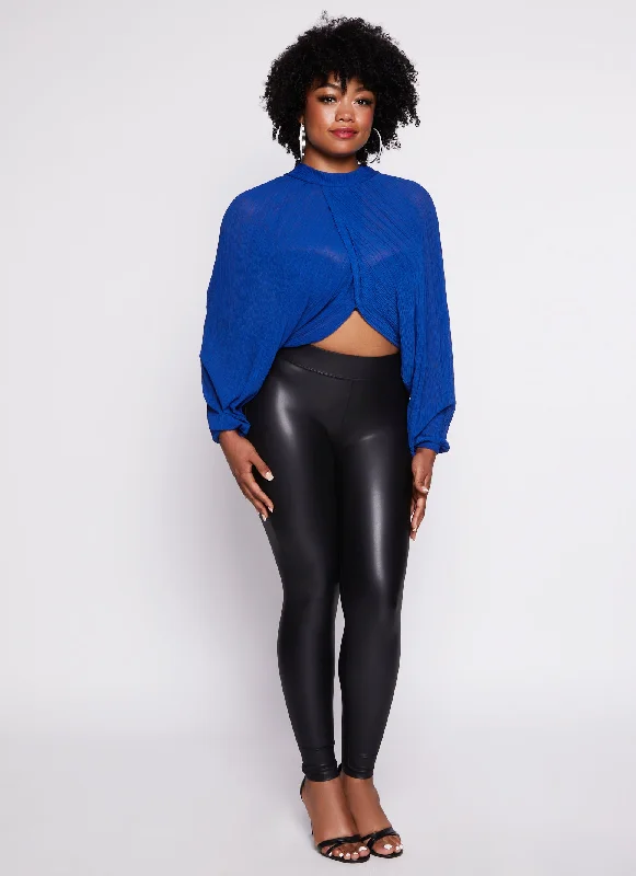 Plus Size Chiffon Mock Neck Long Sleeve Crop Top