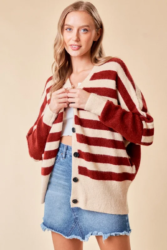 Cream Maroon Striped Sweater Cardigan