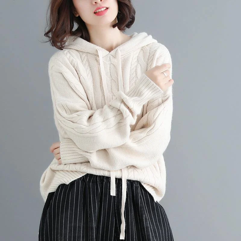 Cute hooded beige box top oversized fall knitwear wild