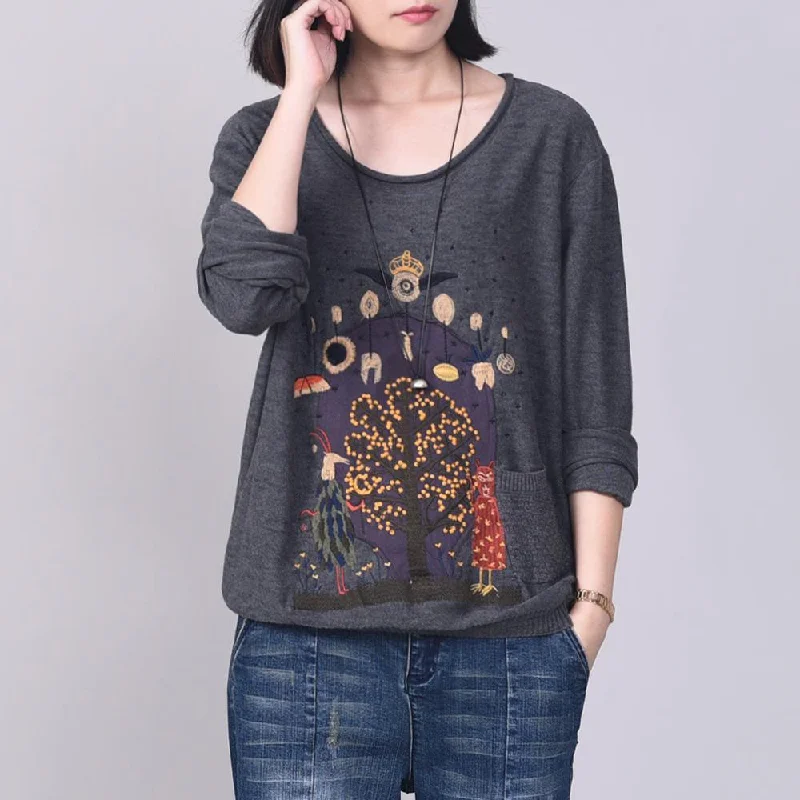 Fashion o neck prints crane tops fall fashion gray knitwear fall