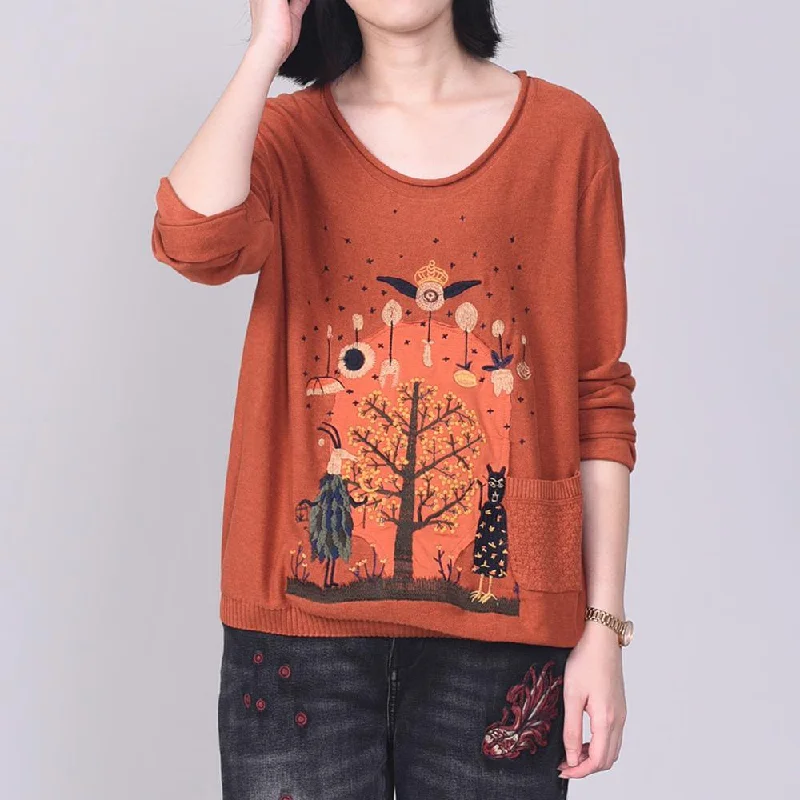 Fashion o neck prints crane tops fall fashion gray knitwear fall