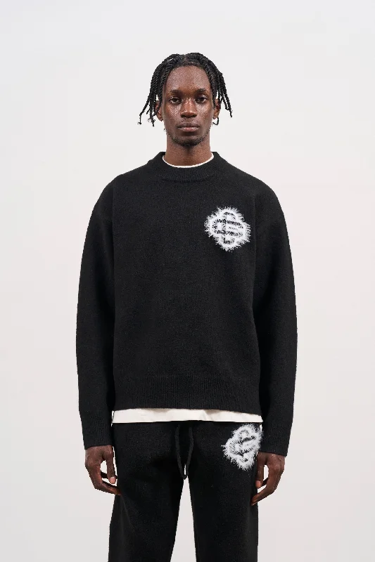 FLUFFY EMBLEM KNITTED CREW - BLACK