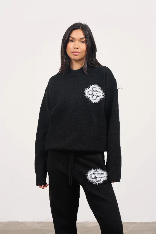 FLUFFY EMBLEM KNITTED CREW - BLACK