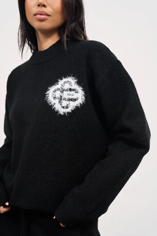 FLUFFY EMBLEM KNITTED CREW - BLACK