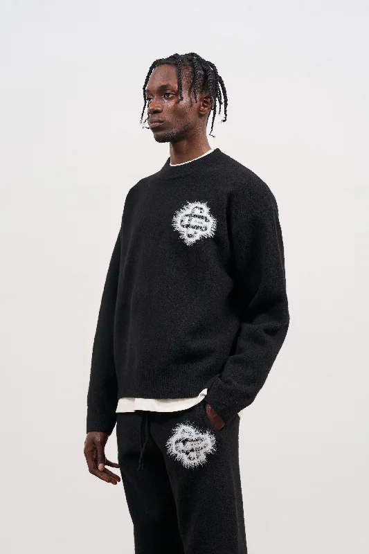 FLUFFY EMBLEM KNITTED CREW - BLACK